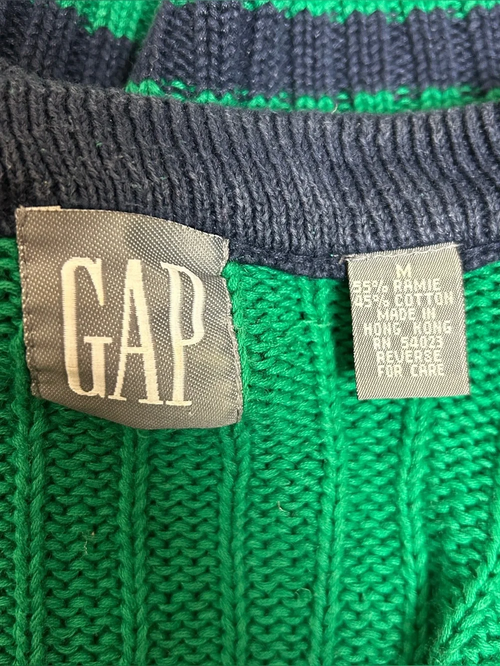 GAP Vintage Green with Navy Crewneck Knit Sweater